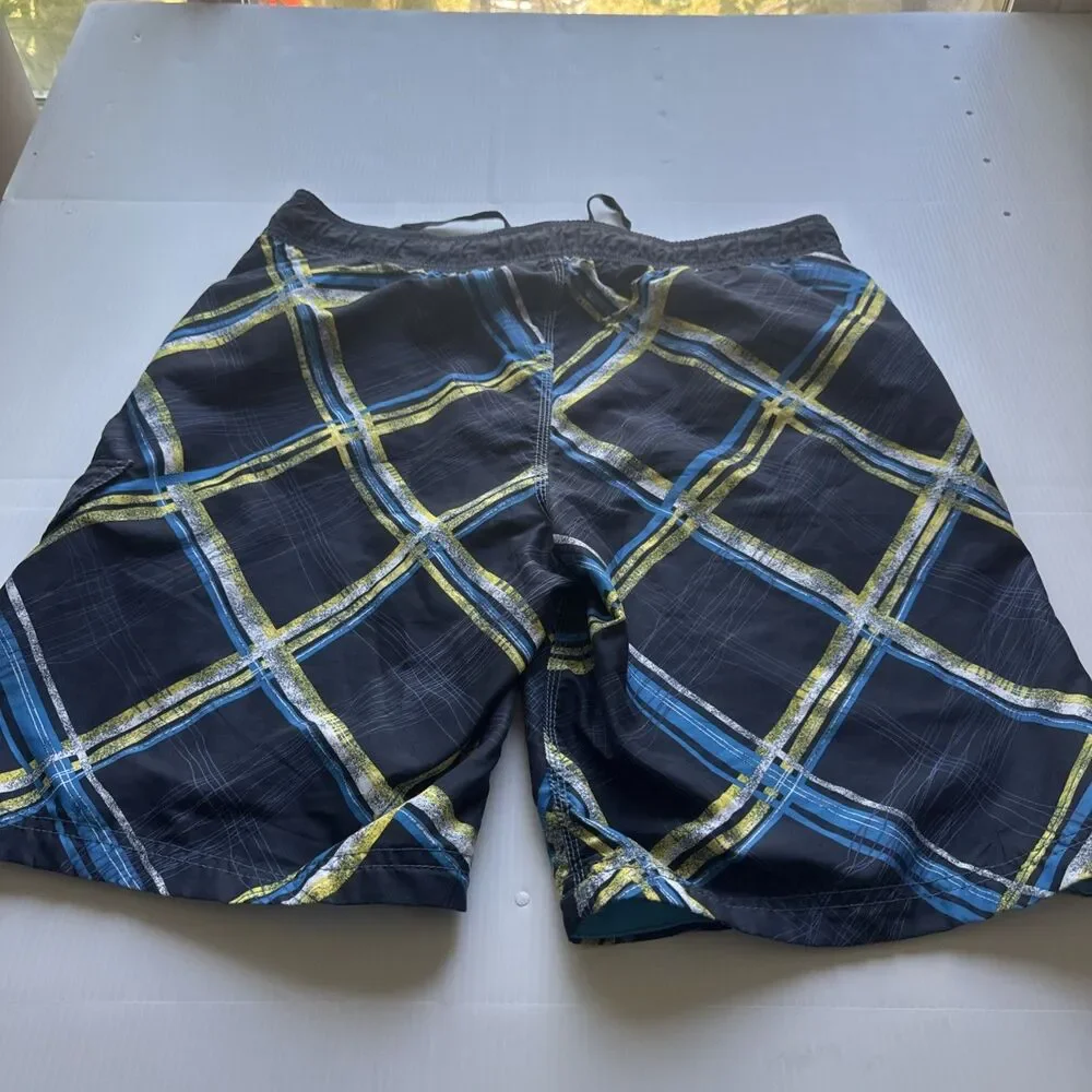 Speedo Men’s Board Swim Shorts Size M Black Blue Yellow Plaid Cargo Pocket